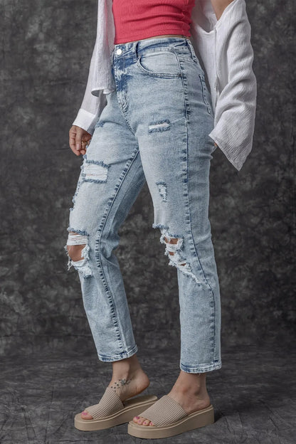 Distressed High Waist Jeans - -