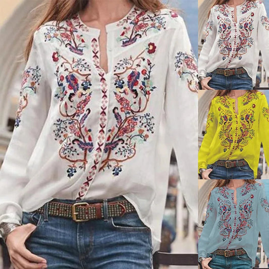 Lace Blouse Long Sleeve Lovely Floral Printed Shirt Ladies Stand Collar Blouse