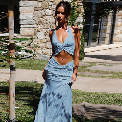V-Neck Halter Dress Set - Blue XS - dress