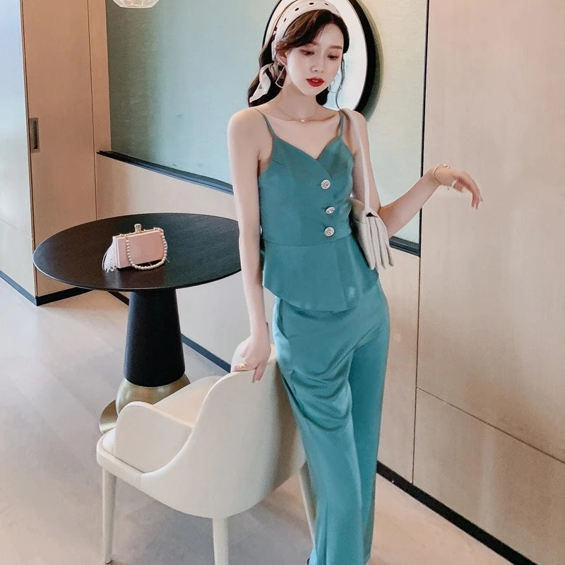 V-Neck Ruffled Suspender Top High-Waisted Wide-Leg Pants Suit