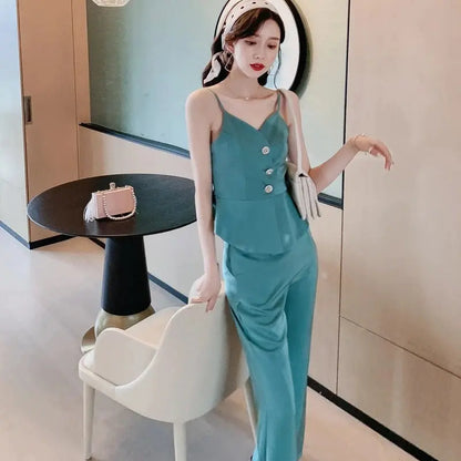 V-Neck Ruffled Suspender Top High-Waisted Wide-Leg Pants Suit