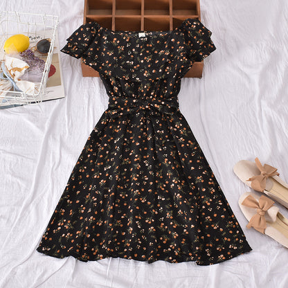 Floral Off-Shoulder Dress with Flared Hem for Women - Black One size - dress