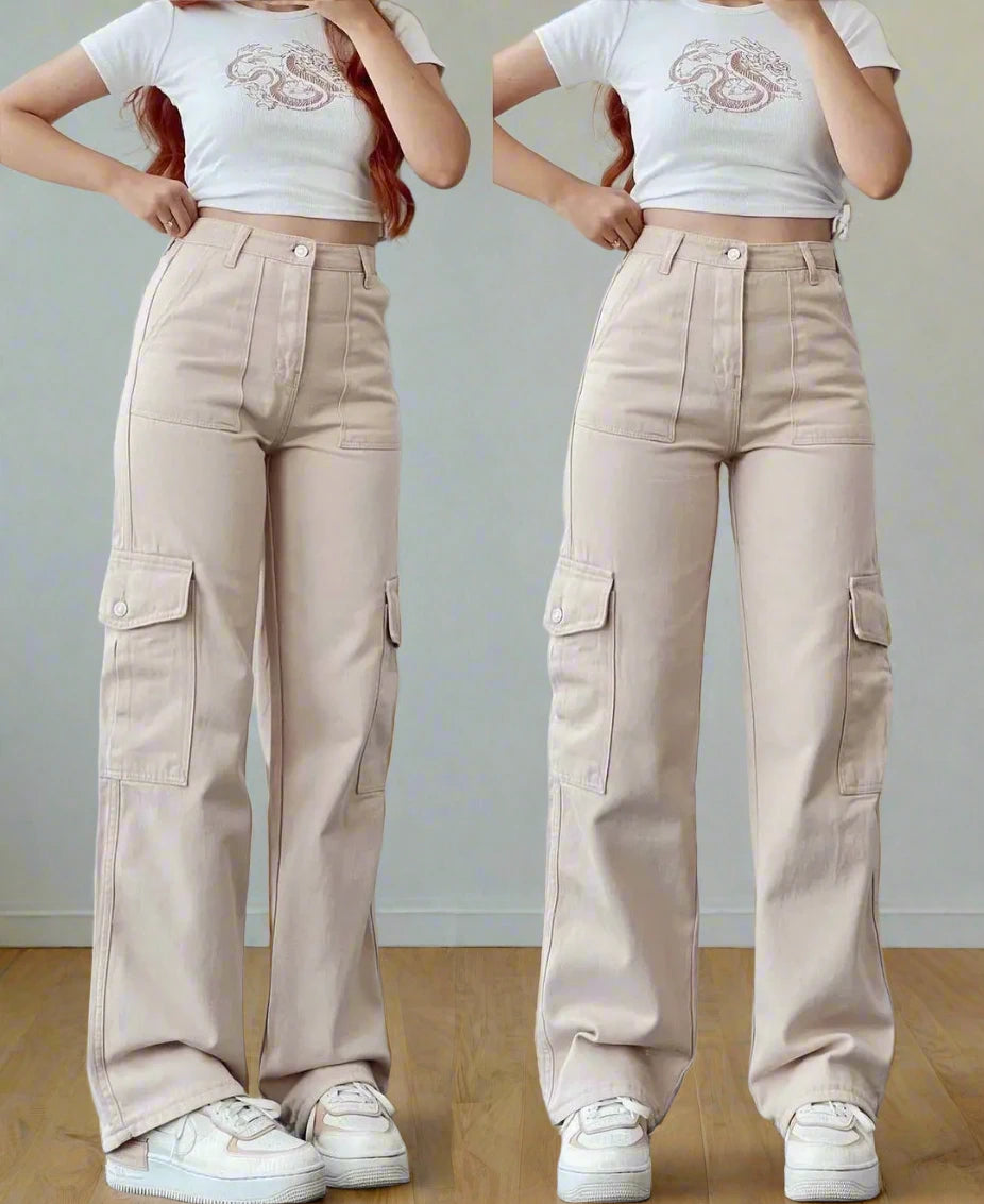 Cargo Pants Ladies Casual High Waisted Trousers With Pocket