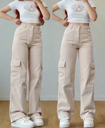 Cargo Pants Ladies Casual High Waisted Trousers With Pocket Khaki