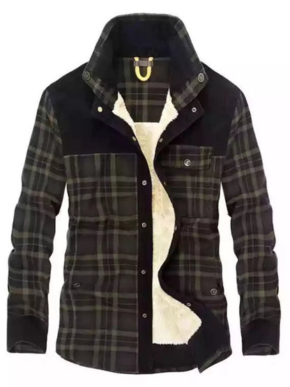 Men's Full Size Plaid Fleece Lined Snap Down Jacket Plus Size - The Black Army. -