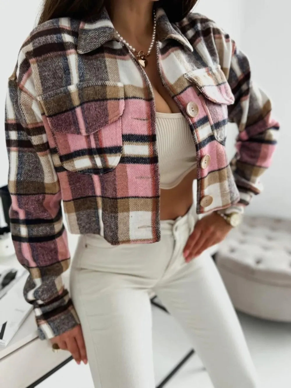 Pocketed Collared Neck Long Sleeve Plaid Jacket - -