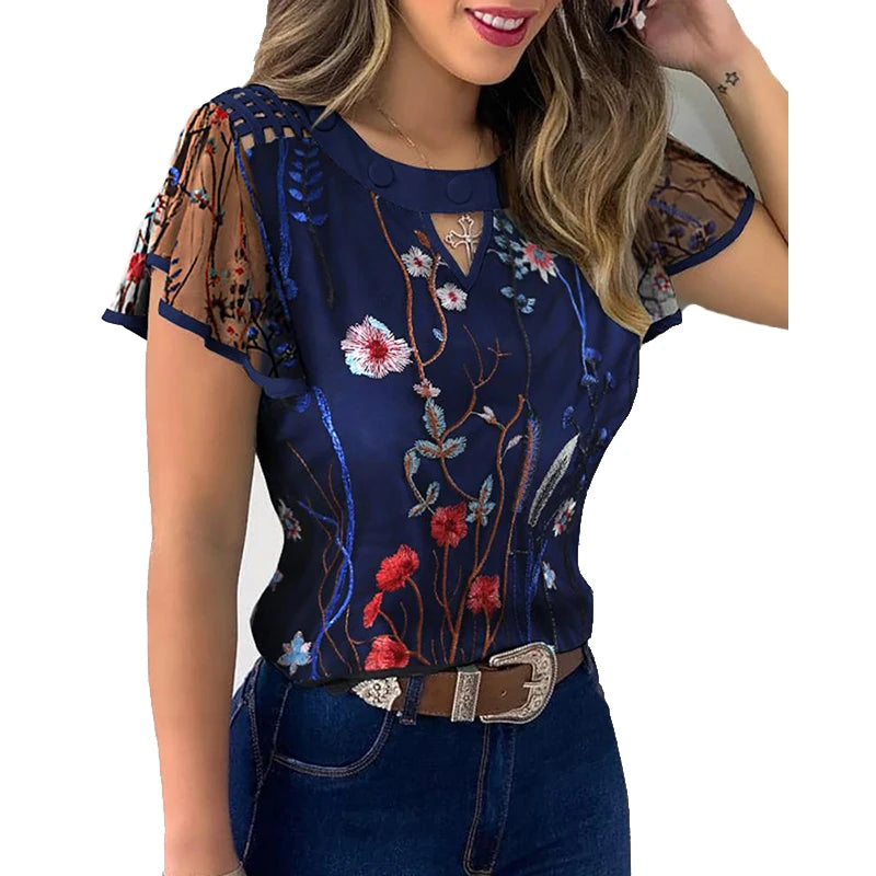 Women's Mesh Ruffled Sleeve Flower Embroidery Cutout Sheer Round Collar Shirt