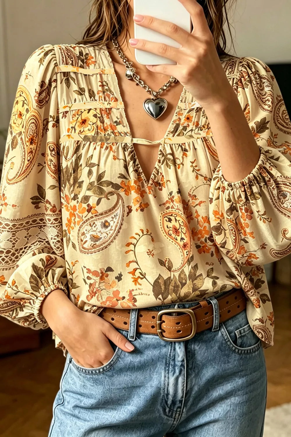 Paisley Print Decorative Binding Tape V Neck Shift Blouse - Pastel Yellow -