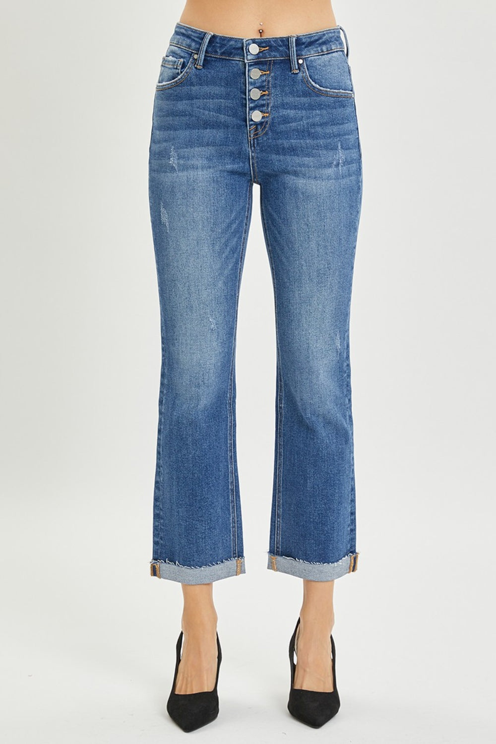 RISEN Button Fly Flared Leg Blue Denim Cropped Jeans - - jeans