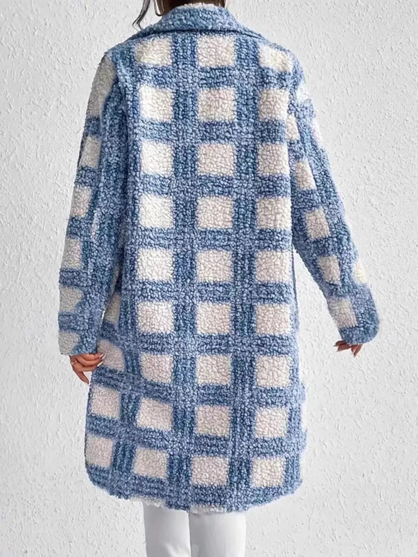 Plaid Button Up Long Sleeve Fleece Coat - -