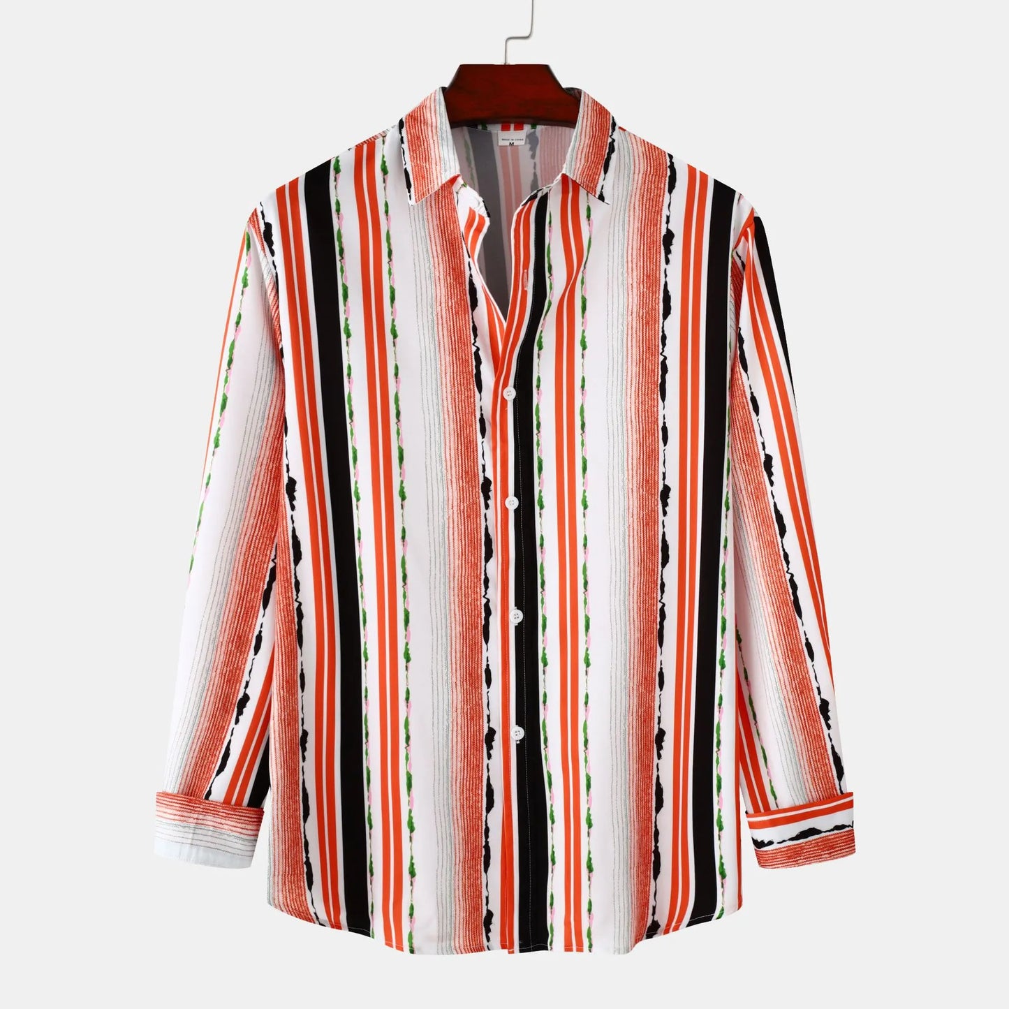 Men's Striped Long Sleeve Button-Up Shirt - Red -