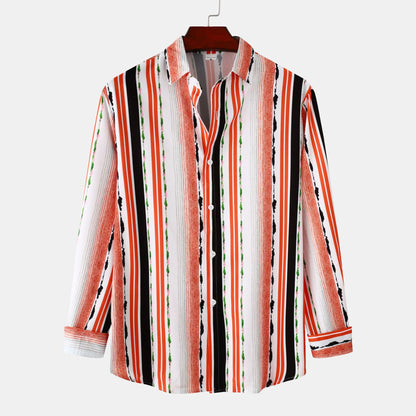 Men's Striped Long Sleeve Button-Up Shirt - Red -