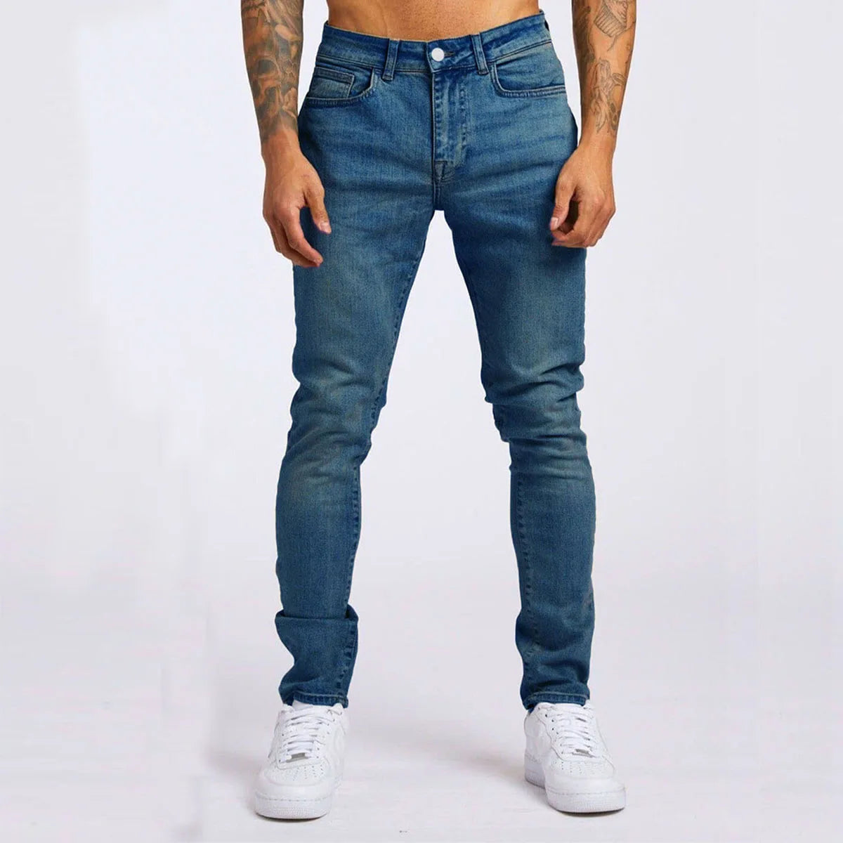 Retro Fashion Slim Fit Ripped Jeans Blue Denim Pants for Men