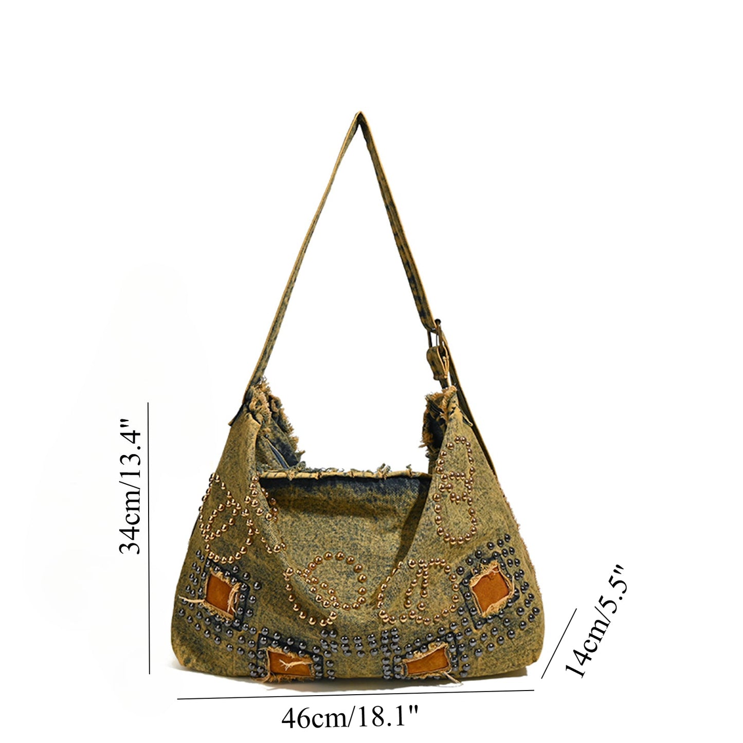 Large capacity hobo shoulder tote bag, retro denim bag, stylish crossbody bag, rivet design shoulder bag - -