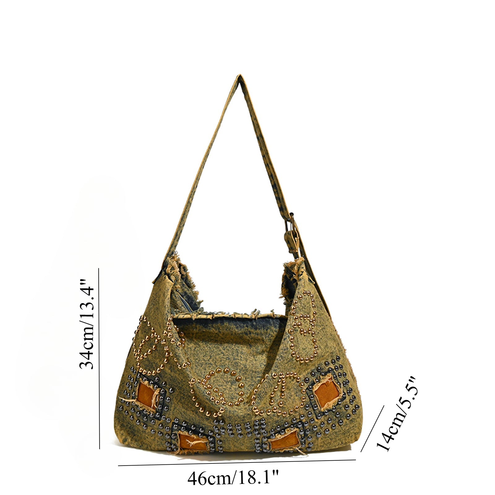 Large capacity hobo shoulder tote bag, retro denim bag, stylish crossbody bag, rivet design shoulder bag - -