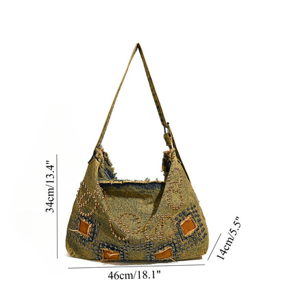 Large capacity hobo shoulder tote bag, retro denim bag, stylish crossbody bag, rivet design shoulder bag - -