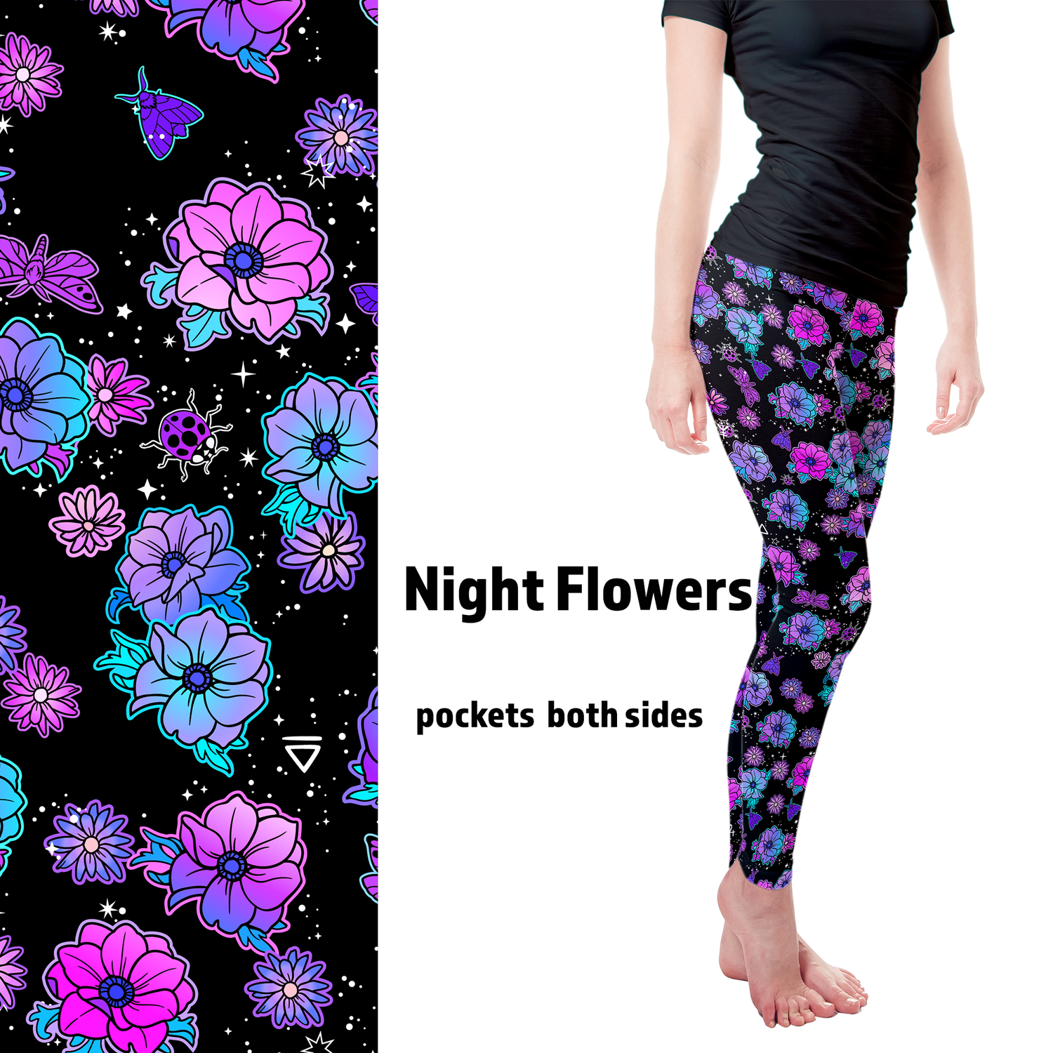 Night Flowers Leggings with Pockets - - Apparel