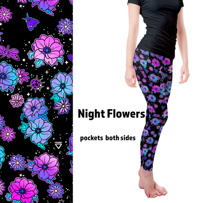 Night Flowers Leggings with Pockets - - Apparel