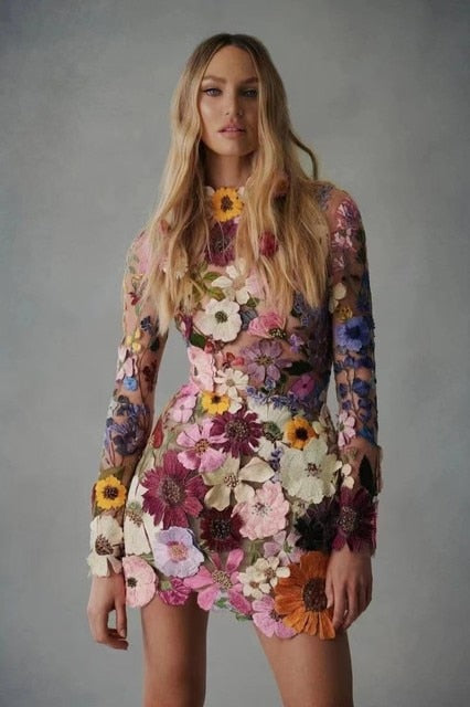 Elegant Luxury Floral Embroidery Party Dress - - dress