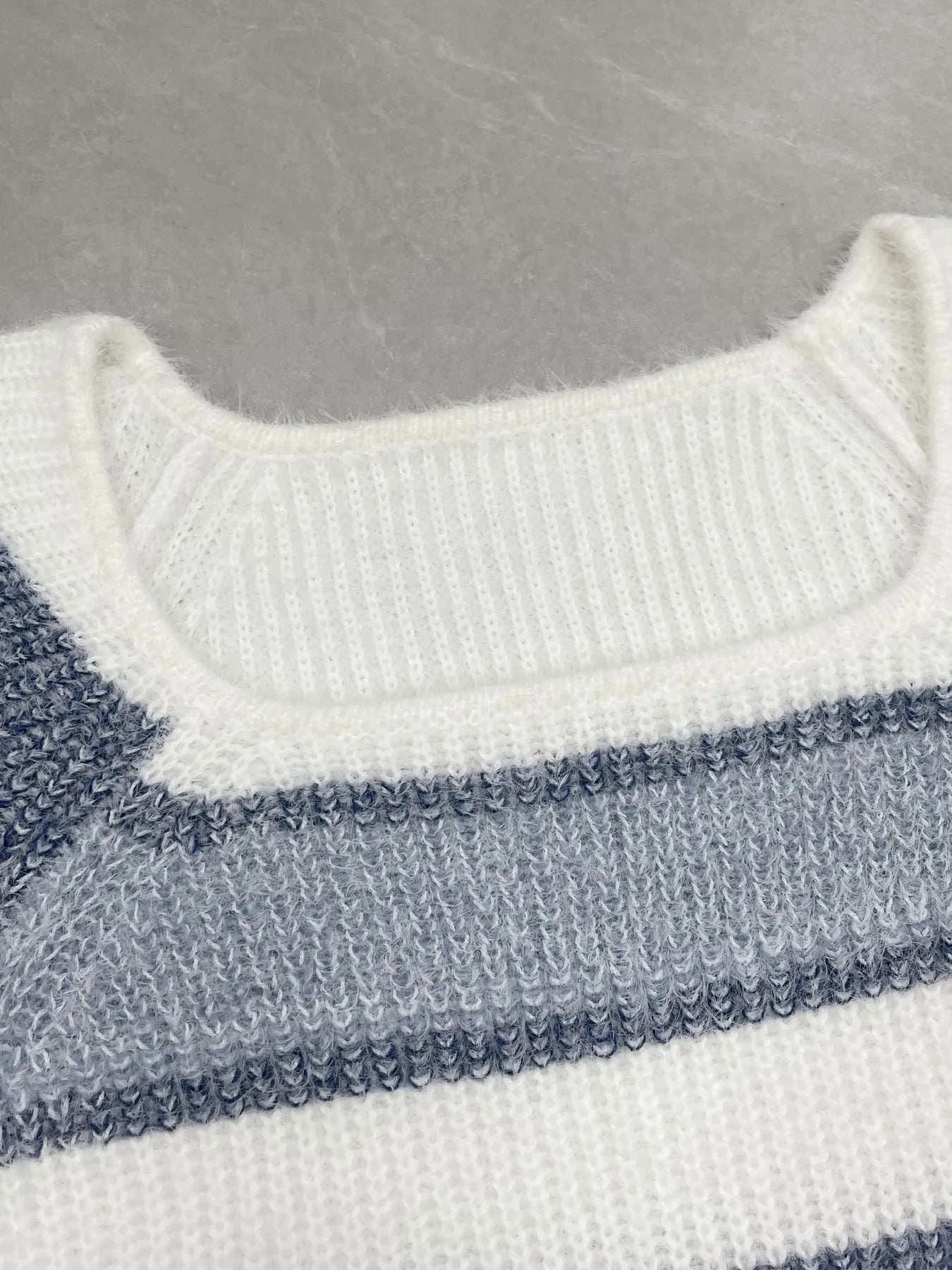 Striped Fuzzy Long Sleeve Sweater - -