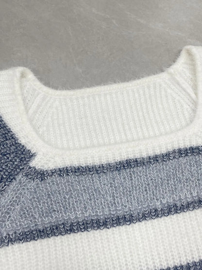 Striped Fuzzy Long Sleeve Sweater - -