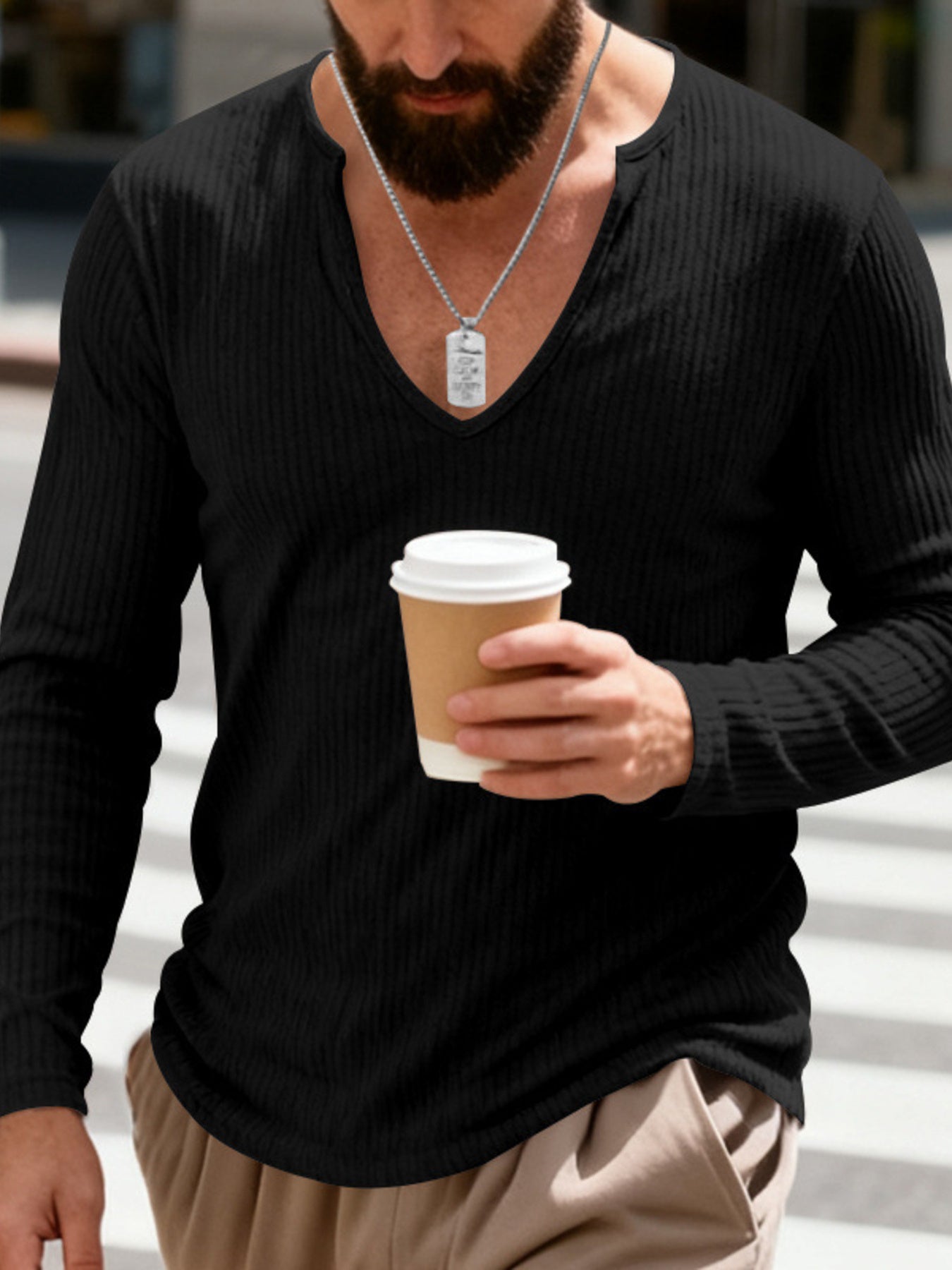 Men's Full Size Casual Ribbed Long Sleeve T-Shirt Plus Size - -