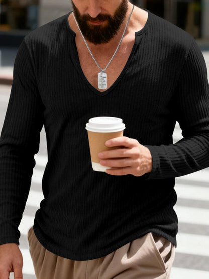 Men's Full Size Casual Ribbed Long Sleeve T-Shirt Plus Size - -