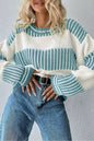 Two Tone Striped Patchwork Drop Shoulder Loose Sweater - Pastel Blue -