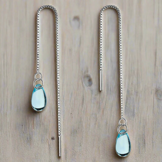 Blue Crystal Water Drop Earrings 925 Sterling Silver Long Tassel Earrings Chain