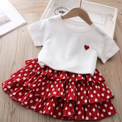 Girls Short Sleeve Polka Dot Skirt Set red white 3T