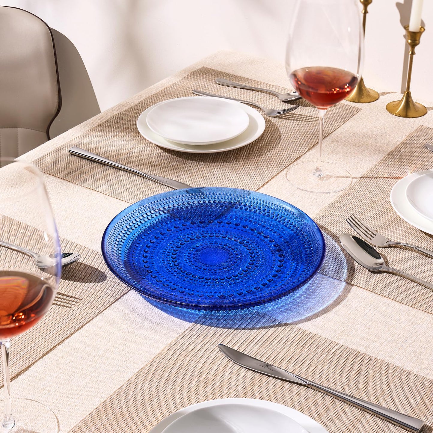 Glass Hobnail Dinner or Charger Plates | Set of 4 | Dark Blue - -