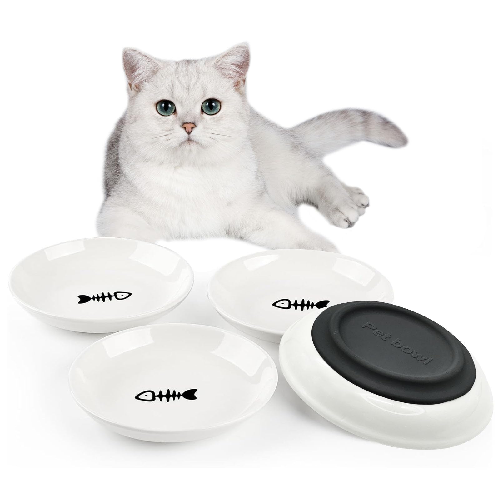 4-Pack Ceramic Cat Bowls with Non-Slip Base - Black Silicone Bottom Fishbone Pattern - bowls