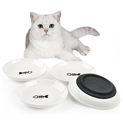 4-Pack Ceramic Cat Bowls with Non-Slip Base - Black Silicone Bottom Fishbone Pattern - bowls
