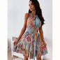 Boho Floral Backless Dress with Pleated Skirt - Blue S - dress