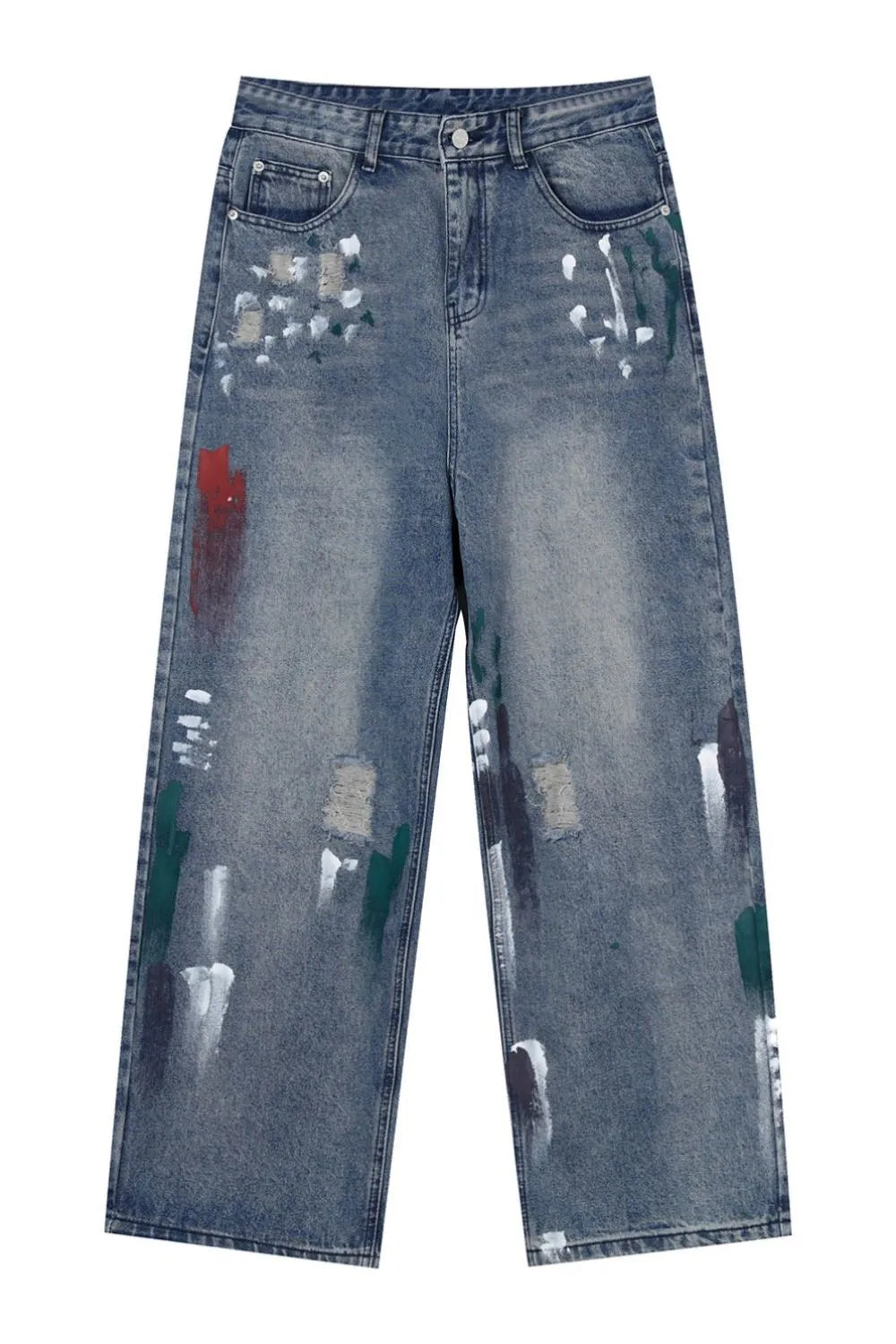 Washed Distressed Wide-Leg Jeans - -