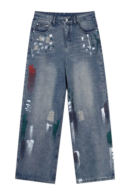Washed Distressed Wide-Leg Jeans - -