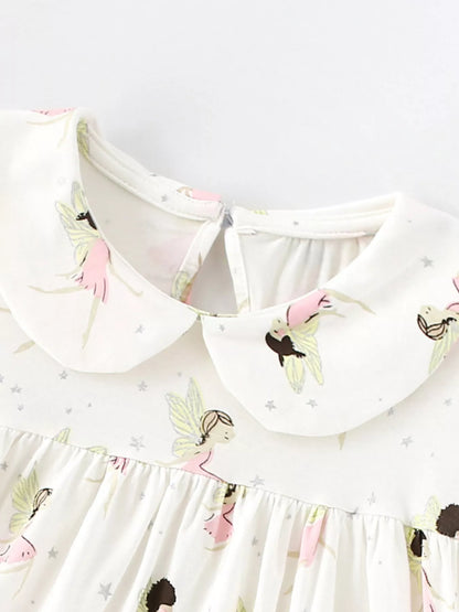 Children's Fairy Print Peter Pan Collar Puff Sleeve Dress - -