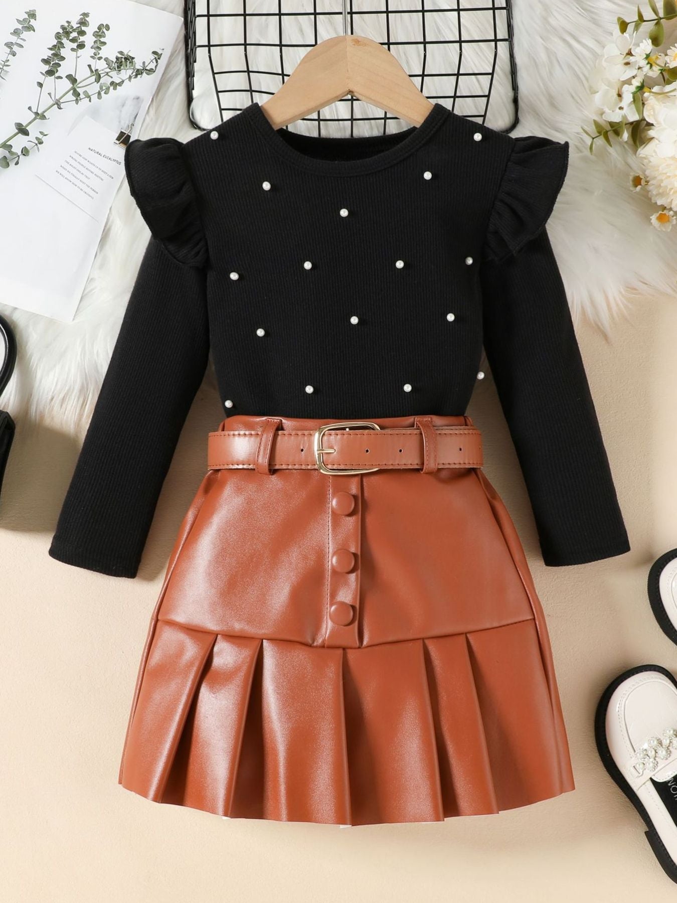 Children's Ruffle Trim Top & Faux Leather Pleated Skirt Set - Black -