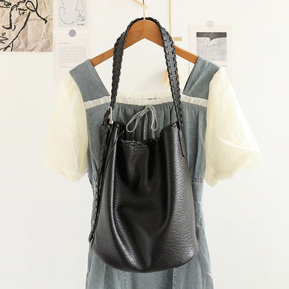 Elegant Woven Shoulder Strap Bucket Bag for Female - Versatile Texture Soft PU Retro Casual Tote - -