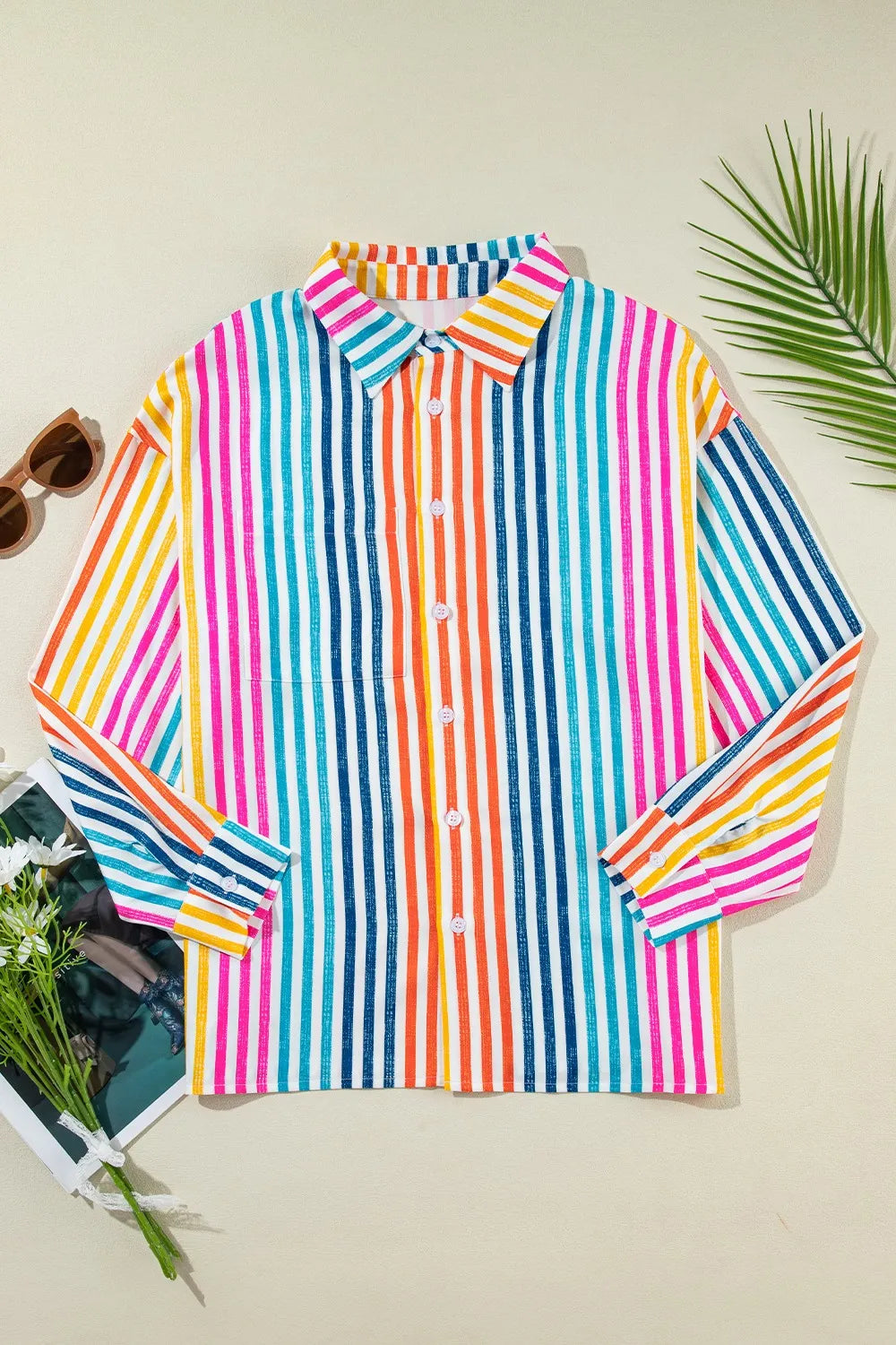 Striped Collared Neck Long Sleeve Shirt - -