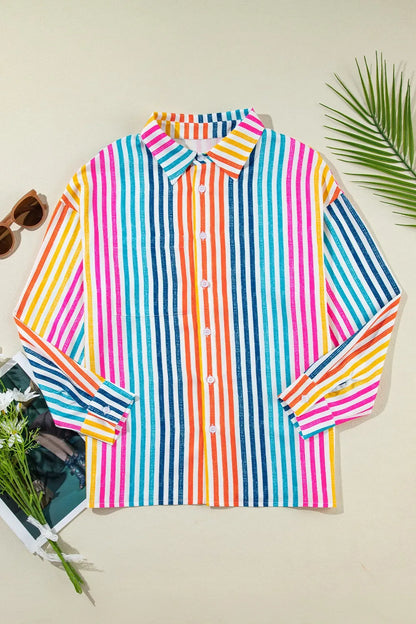 Striped Collared Neck Long Sleeve Shirt - -
