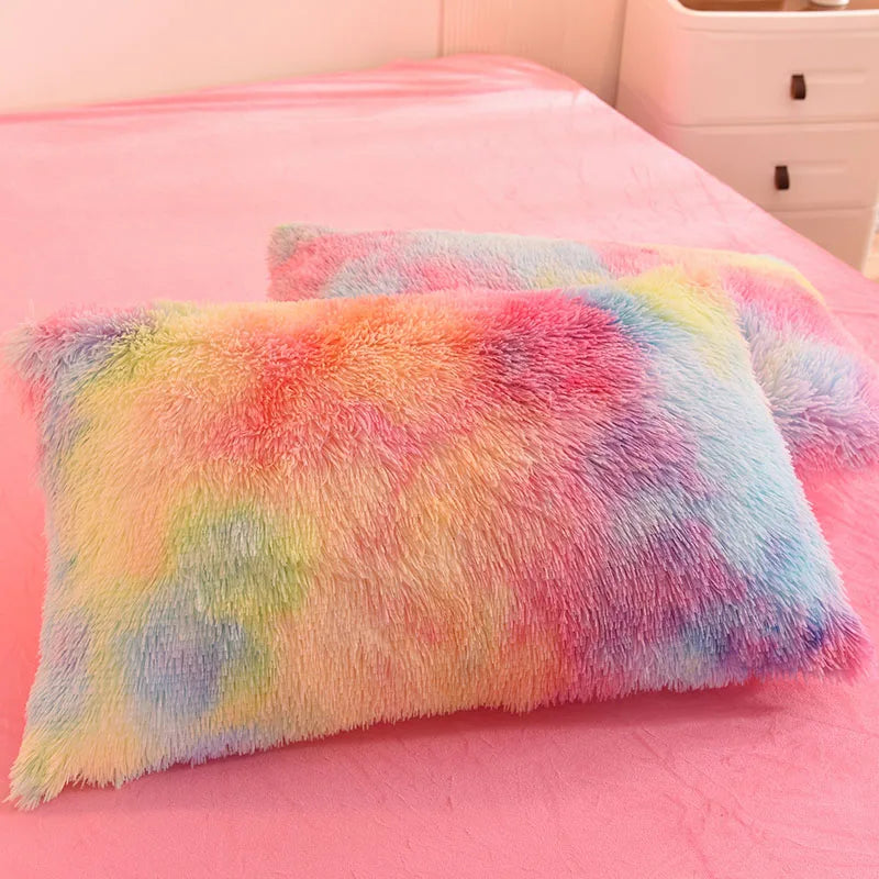 Rainbow Color Velvet Fluffy Plush Soft Bedding Bed Warm for Girl Sheet Set 4