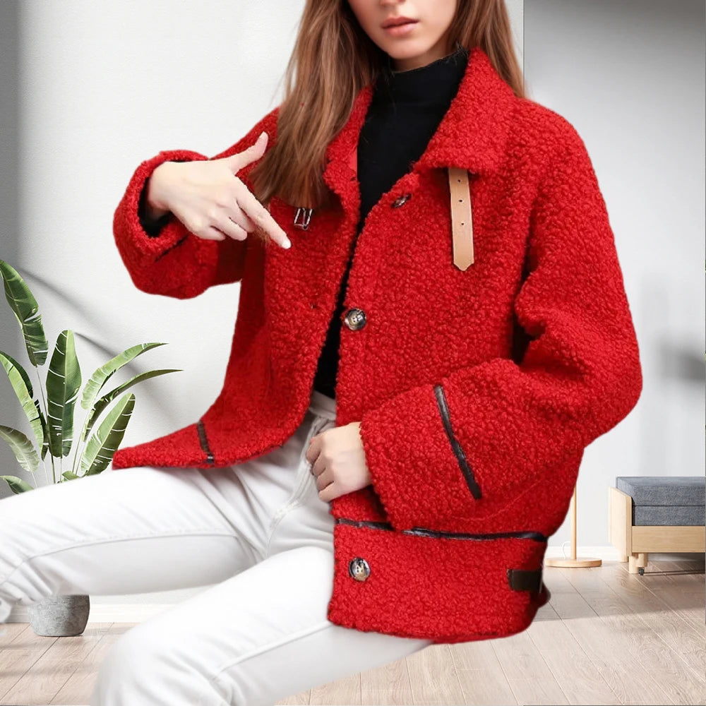 Fleece Solid Color Button Outerwear Warm for Women Coat