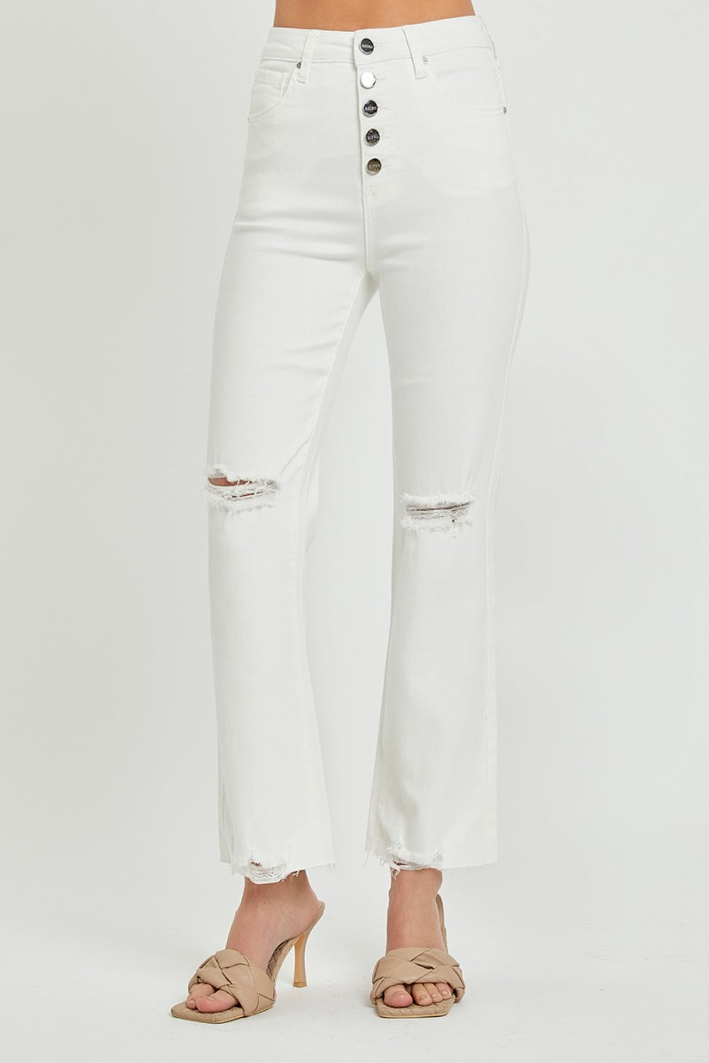RISEN High Rise Button Fly White Denim Straight Leg Jeans - - jeans