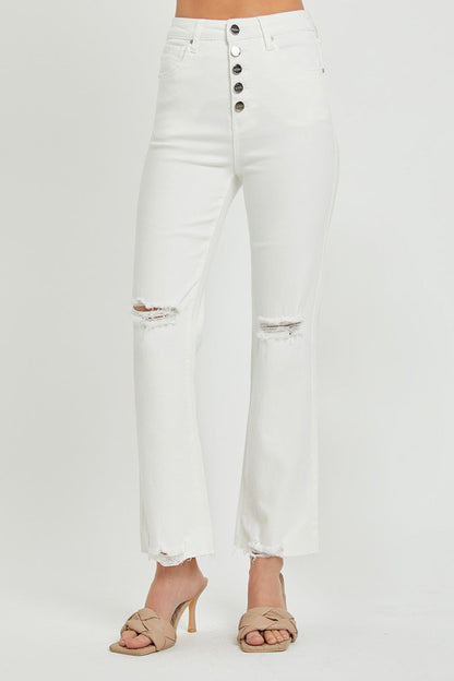 RISEN High Rise Button Fly White Denim Straight Leg Jeans - - jeans