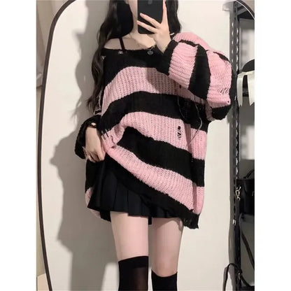 Deeptown Pink Striped Vintage Knitted Sweater - Kia Day Design