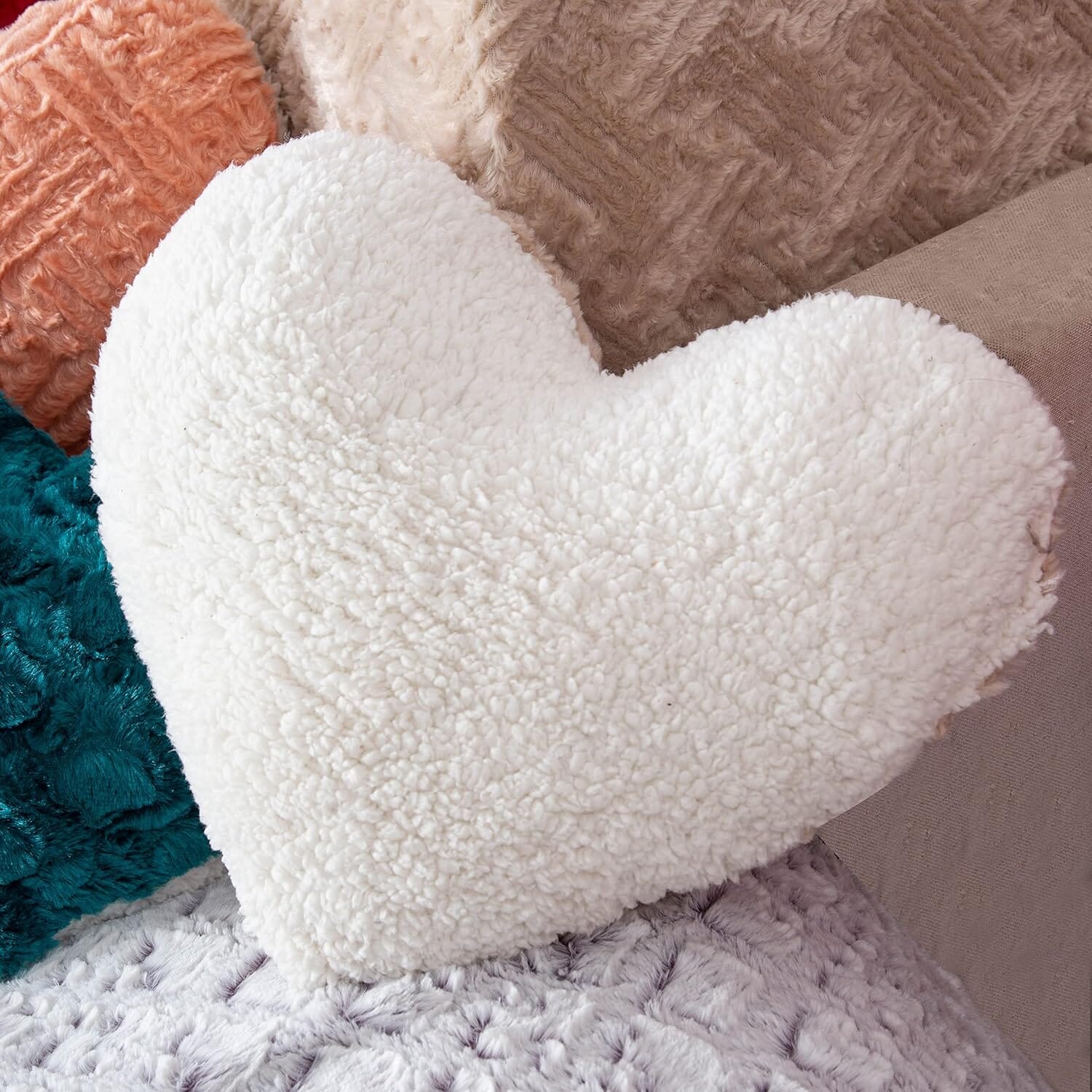 DaDa Bedding Heart Pillows Decorative Throw Pillows - Neutral Champagne Beige Heart Shaped Throw Toss Lap Fluffy Faux Fur Sherpa Pillows (16x14)- DaDalogy Bedding Collection- {{Product type}}