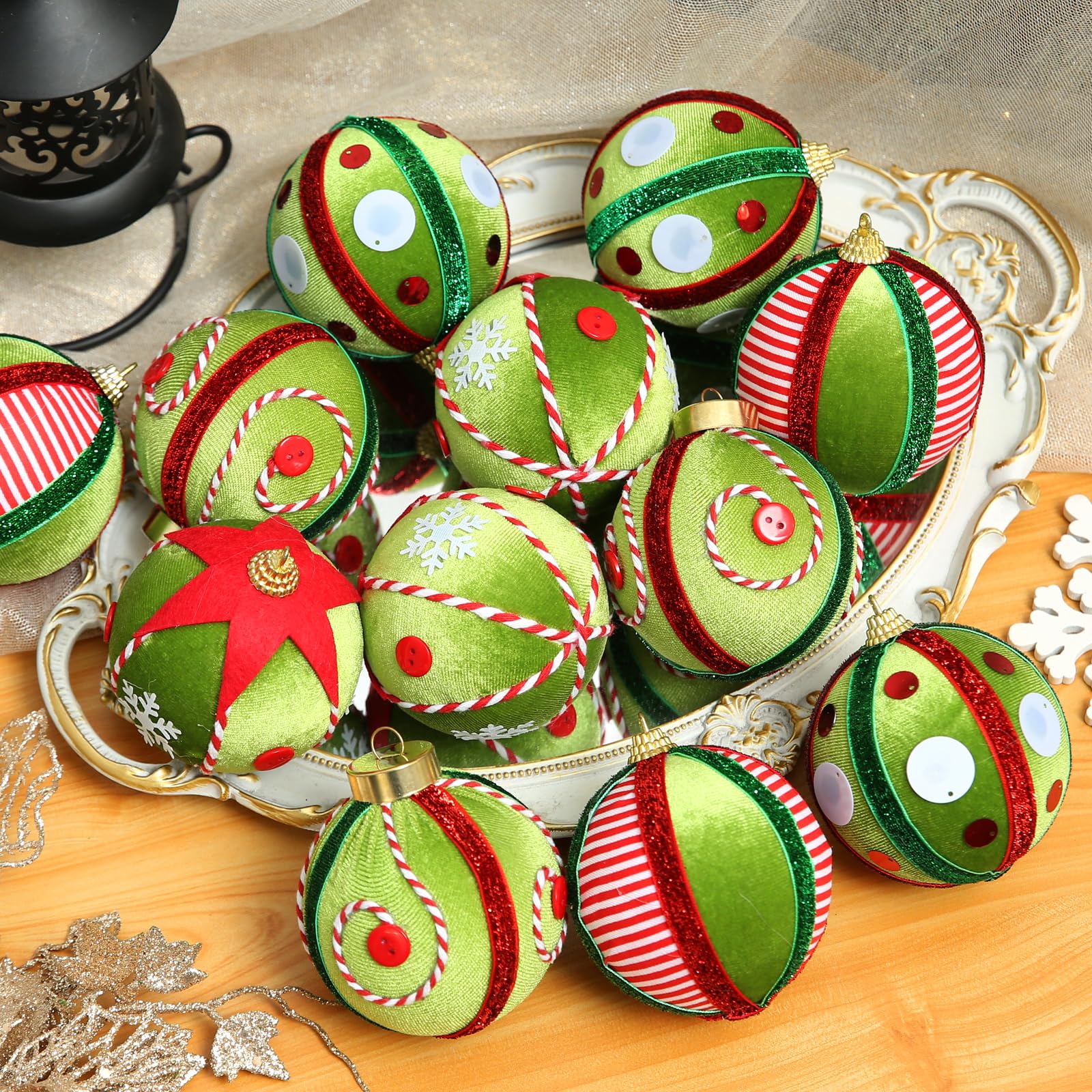 Green Red White 12 Pc Velvet Christmas Ornaments Set - - Ornaments
