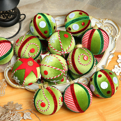 Green Red White 12 Pc Velvet Christmas Ornaments Set - - Ornaments