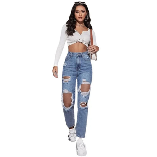 Ripped Jeans Comfortable Casual Street Style Holes High Waist Straight Pants